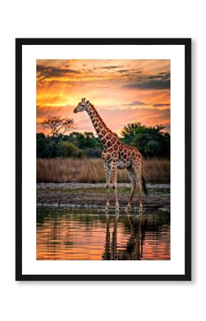 A giraffe stands in the setting sun, near a lake, near trees
