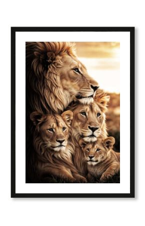 Family of lions with a lion, a lioness, and several cubs. Representing the strength, resilience, and love.