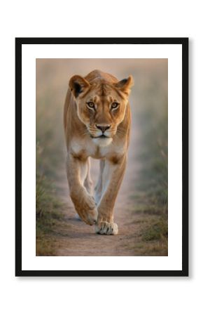 Lioness approaching with intensity, close-up safari shot.
