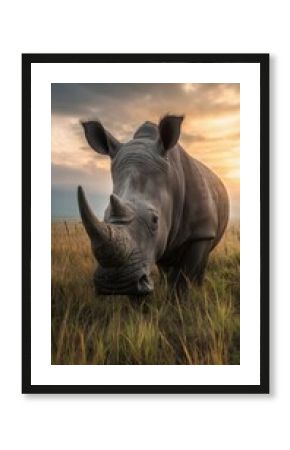 Rhino in grassy savanna, Wildlife at sunset scene, Great for nature conservation or safari concepts