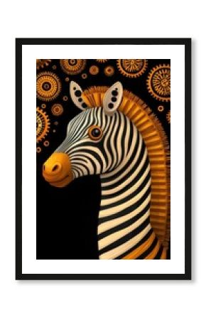 Striking Pixel Art Zebra Portrait with Bold Stripes and Golden Circular Accents on Black