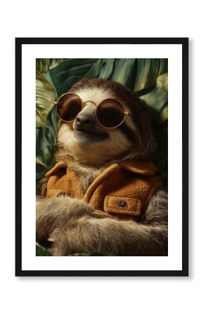 Close-up of A sloth wearing a safari vest and sunglasses, tropical leaf background