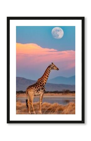 A beautiful giraffe stands gracefully in the African savanna under a luminous full moon at dusk.