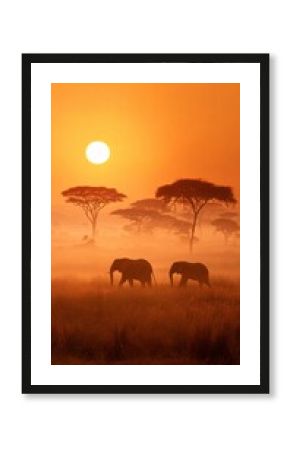 Vertical Safari Sunset with Elephants and Acacia Trees in Hazy Landscape