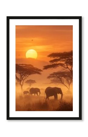 Vertical Safari Sunset with Elephants and Acacia Trees in Misty Landscape
