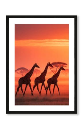 Giraffes moving gracefully across sunrise lit savanna, creating serene and majestic scene