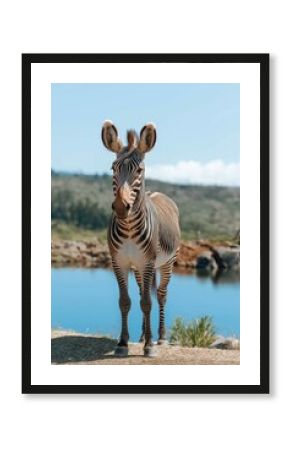 Zebra standing by a lakeside on a sunny day in the wild