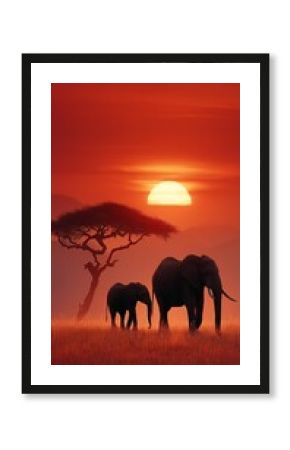 Two elephants walking in the african savanna during a beautiful sunset with copy space