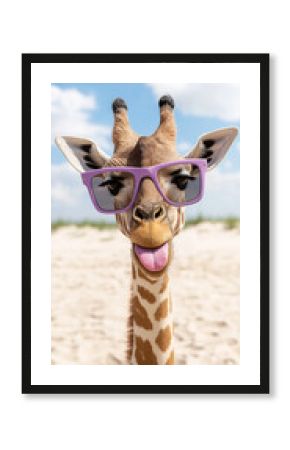 Giraffe wearing sunglasses on a sunny safari, perfect for nature and wildlife stock images