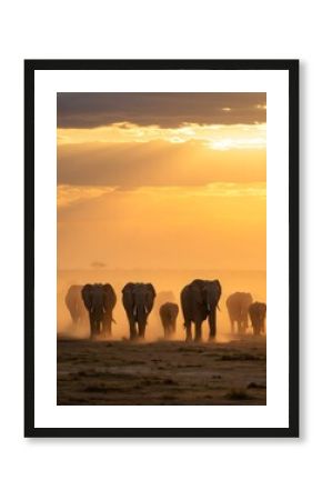 Elephant Herd at Sunset on African Savannah - Majestic Wildlife in Golden Light