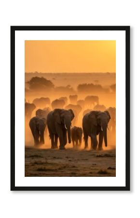 Elephant Herd at Sunset on African Savannah - Majestic Wildlife in Golden Light