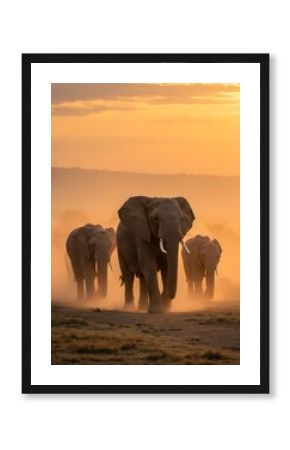 Elephant Herd at Sunset on African Savannah - Majestic Wildlife in Golden Light