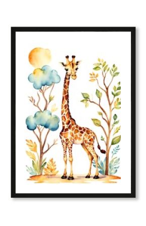 Watercolor illustration of a giraffe standing among stylized trees and clouds against a white background