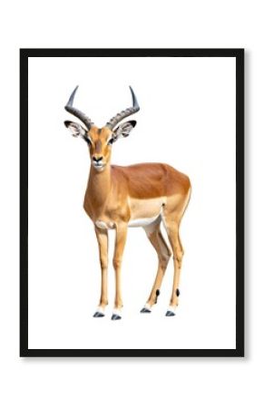 A male impala stands against a white background