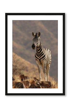 A lone zebra standing alertly on a kopje, its stripes stark against the rugged, rocky landscape, surveying its surroundings.