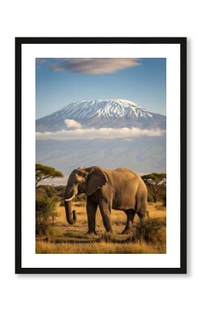 Majestic elephant strides across the african savanna with kilimanjaro in background