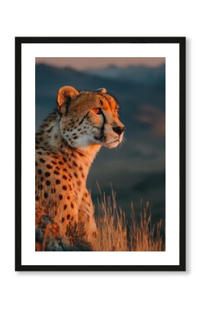 Cheetah Resting on Grassy Hill at Sunset with Majestic Mountain Horizon