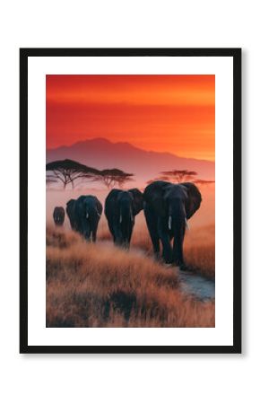 Elephant Family Walking Through African Savanna at Golden Sunset