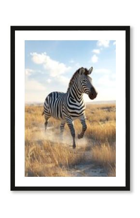 Zebra running through dry savanna grass kicking up dust animal wildlife photo