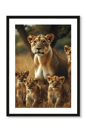 Lioness with four cubs in tall dry grass on a safari lions pride photo