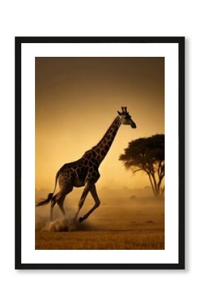 Dust storm on savanna with giraffe running fast