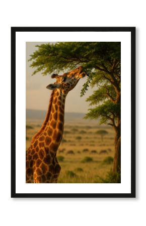 A giraffe is eating leaves from a tree in a grassy field
