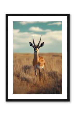 Gazelle standing in a field of dry grass under a cloudy sky antelope wild animal photo