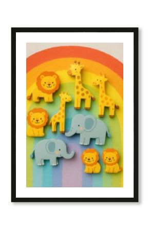 Whimsical toy safari animals collection arranged in colorful rainbow pattern creating playful children's photography concept