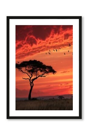 Acacia tree stands silhouetted against a vibrant red sunset in the african savanna