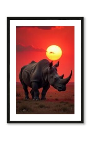 A rhinoceros stands in the grassland during a vibrant sunset, highlighting wildlife.