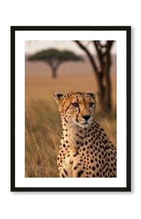 Intense close-up of a cheetah in the Serengeti, showcasing its piercing eyes and spotted fur. A powerful wildlife portrait capturing speed and grace in stillness. 
