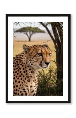 Intense close-up of a cheetah in the Serengeti, showcasing its piercing eyes and spotted fur. A powerful wildlife portrait capturing speed and grace in stillness. 