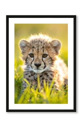 A fast hunter and wild predator, a spotted cheetah with spots is stalking in the tall grass on an African safari