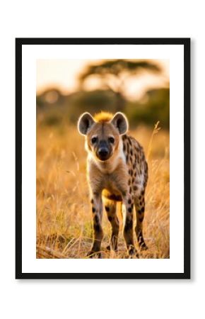 Hyena observing in the golden savannah wildlife photography natural habitat close-up view africa
