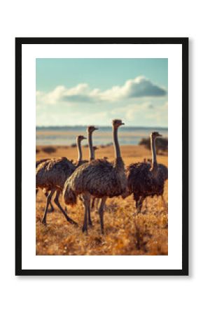Group of Majestic Ostriches Walking in Grassland at Sunset - A Colorful Wildlife Safari and Ornithology Adventure