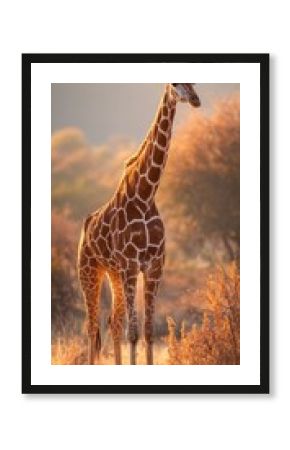 Tall giraffe standing in a golden environment illuminated by sunlight