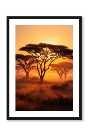 African savanna under glowing orange sunset, acacia trees casting long shadows in tranquil nature landscape filled with harmony and golden tones