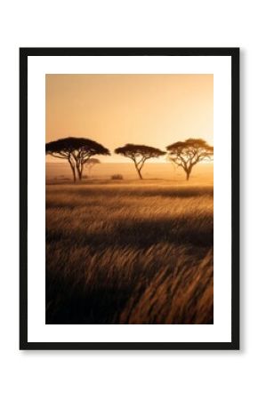 Golden African sunset with acacia trees in open savanna, minimalistic and captivating nature scene evoking peace and natural wonder