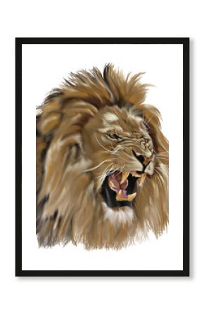 Digital painting of a roaring lion showing fierce expression and sharp fangs.