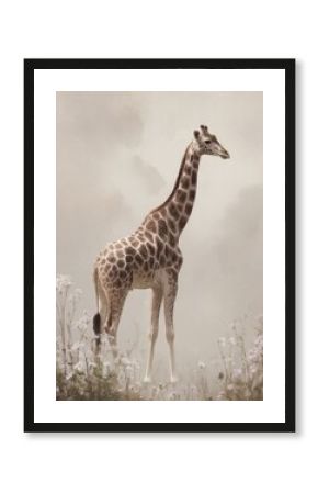 Elegant Giraffe Standing Tall in a Misty African Landscape, Wildlife Art