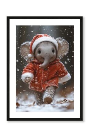 Elephant calf with Santa cape walking through snow, cinematic safari realism