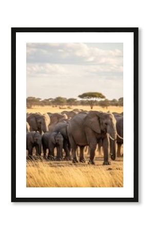 Herd of elephants traversing savanna landscape under warm sunlight