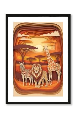 Layered paper depiction of african safari wildlife with sunset backdrop