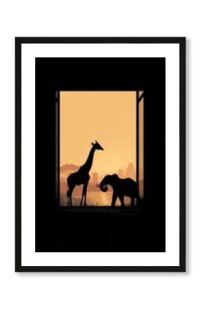 Safari Silhouette: Silhouette of an elephant and giraffe against the backdrop of an African sunset. Peaceful and serene wildlife scene.
