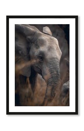 Close-up shot of an elephant's head in a wild, natural African setting.