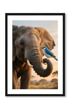 Elephant with Blue Bird at Sunset