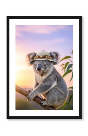 Koala animal tree hat cute nature wildlife branch forest adventure sunset leaf mammal fur outdoors explorer Australian eucalyptus funny travel safari sunlight sky wilderness natural adorable