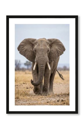 Large African elephant walking forward towards the camera in the dry savanna wilderness with ears spread