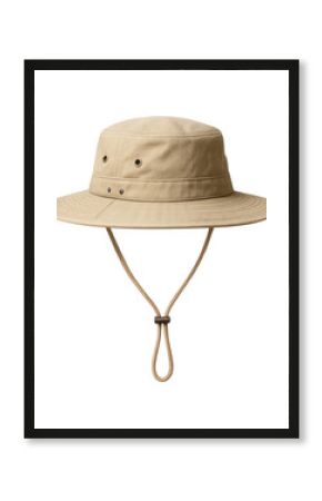 Adjustable canvas safari hat with chin strap and ventilation holes.