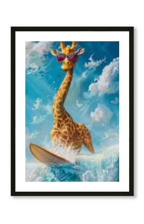 Whimsical illustration of a surfing giraffe with purple or red sunglasses on a yellow surfboard in a wave. Background of blue sky turning turquoise with textured clouds.